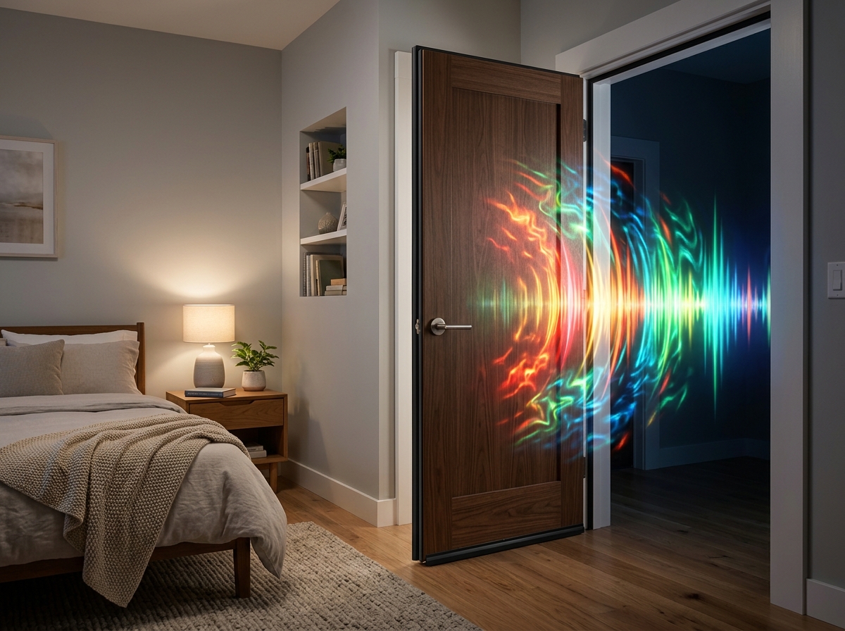 sound waves being blocked by a sealed bedroom door - acoustic bedroom door seals