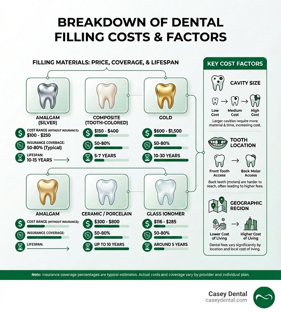 Infographic showing the breakdown of dental filling costs by material type, including average price ranges, typical insurance coverage percentages, and lifespan of each filling material. Also displays key cost factors such as cavity size, tooth location, and geographic region. - How much tooth filling infographic Infographic showing the breakdown of dental filling costs by material type, including average price ranges, typical insurance coverage percentages, and lifespan of each filling material. Also displays key cost factors such as cavity size, tooth location, and geographic region. - How much tooth filling infographic