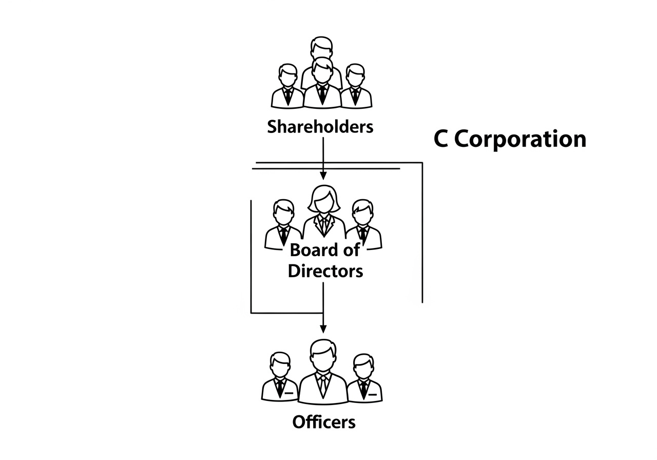flowchart showing C Corp structure (Shareholders -> Board of Directors -> Officers) - C Corp tax advantages flowchart showing C Corp structure (Shareholders -> Board of Directors -> Officers) - C Corp tax advantages