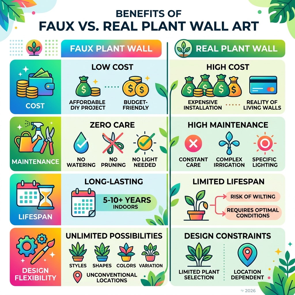 Benefits of faux vs. real plant wall art: cost, maintenance, lifespan, and design flexibility - diy faux plant wall art