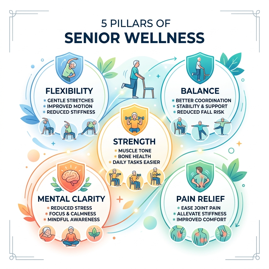 5 pillars of senior wellness infographic: flexibility, balance, strength, mental clarity, pain relief - chair yoga for 5 pillars of senior wellness infographic: flexibility, balance, strength, mental clarity, pain relief - chair yoga for