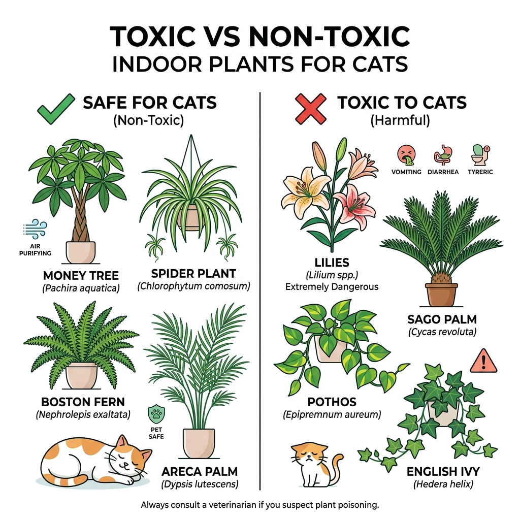 Infographic showing toxic vs non-toxic indoor plants for cats with examples of each - cat friendly trees and plants Infographic showing toxic vs non-toxic indoor plants for cats with examples of each - cat friendly trees and plants