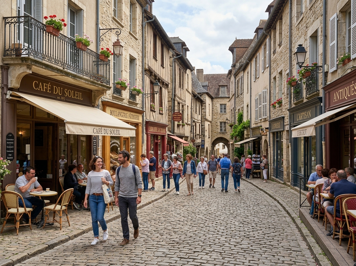 A walkable European cobblestone street lined with cafes and historic architecture - best solo travel Europe