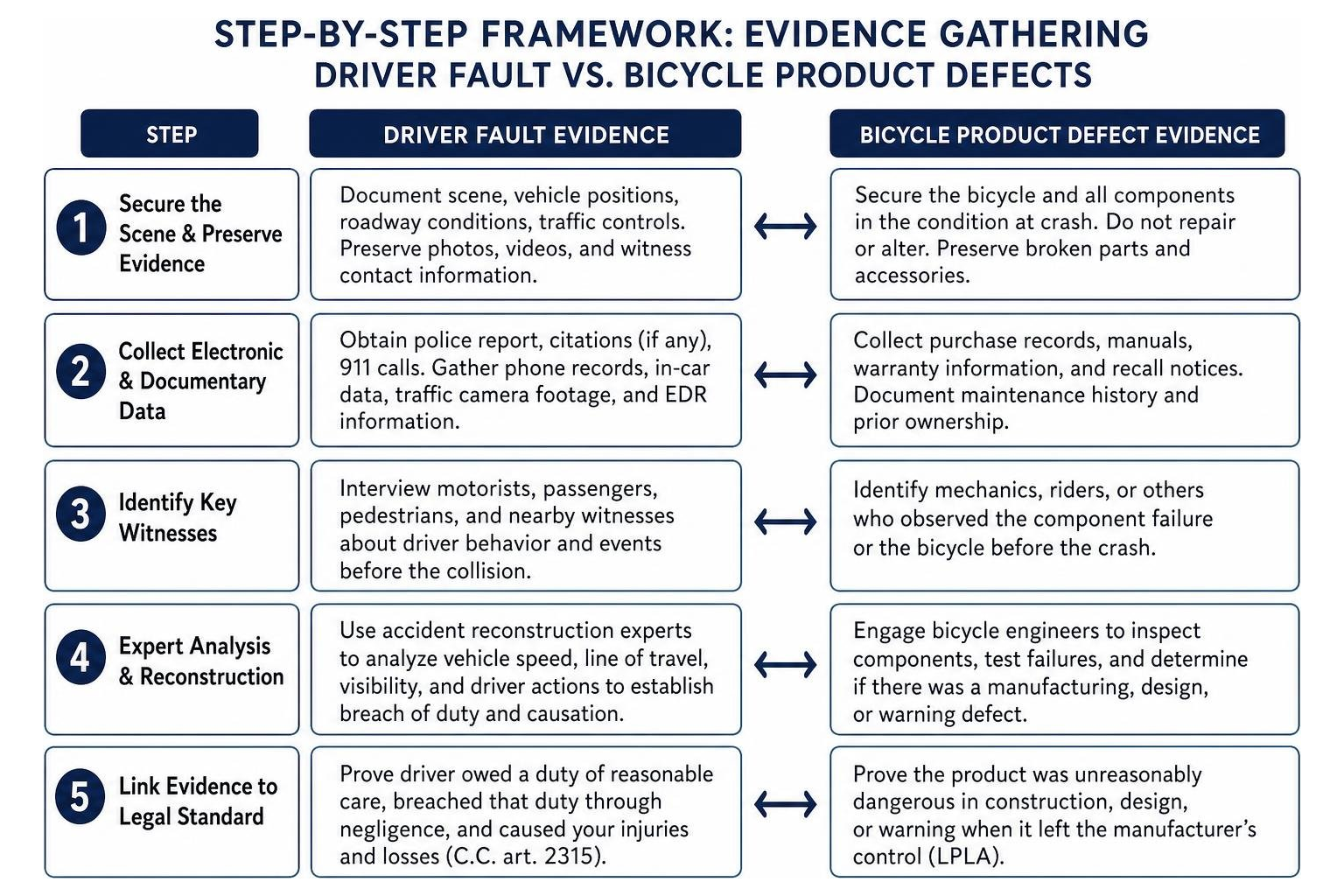 Step-by-step framework comparing evidence gathering for driver fault versus bicycle product defects Step-by-step framework comparing evidence gathering for driver fault versus bicycle product defects