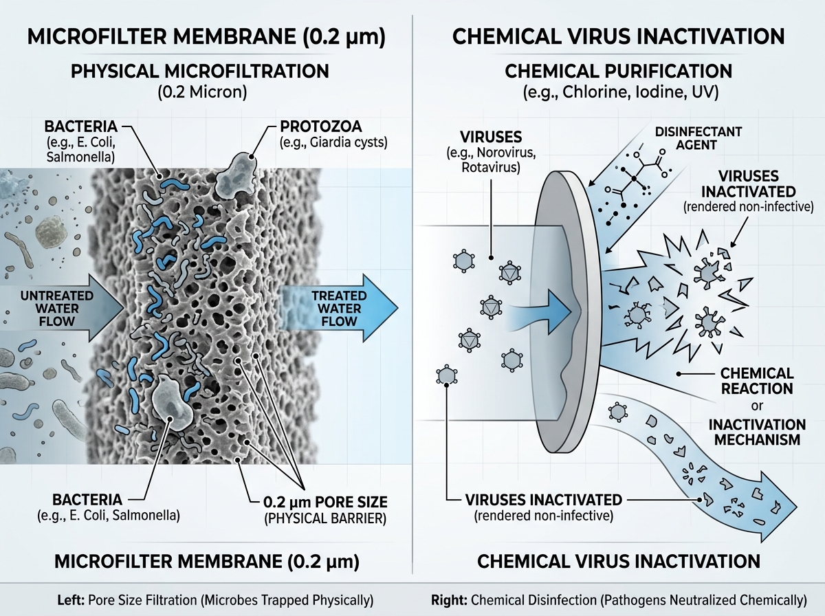 Comparison of a microfilter and a chemical purifier showing pore size differences - ultralight water purification