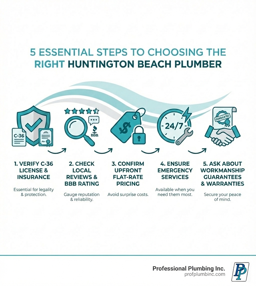 Infographic showing 5 essential steps to choosing the right Huntington Beach plumber: 1. Verify C-36 License and insurance, 2. Check local reviews and BBB rating, 3. Confirm they offer upfront flat-rate pricing, 4. Ensure they provide emergency services, 5. Ask about workmanship guarantees and warranties - plumber huntington infographic Infographic showing 5 essential steps to choosing the right Huntington Beach plumber: 1. Verify C-36 License and insurance, 2. Check local reviews and BBB rating, 3. Confirm they offer upfront flat-rate pricing, 4. Ensure they provide emergency services, 5. Ask about workmanship guarantees and warranties - plumber huntington infographic