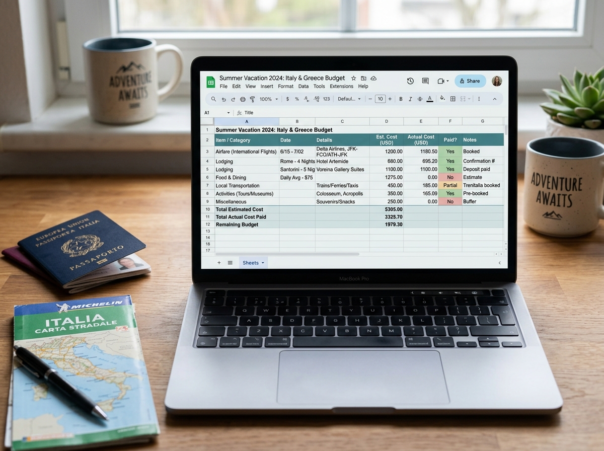 vacation budget spreadsheet showing airfare, lodging, and food costs - monthly savings for trips