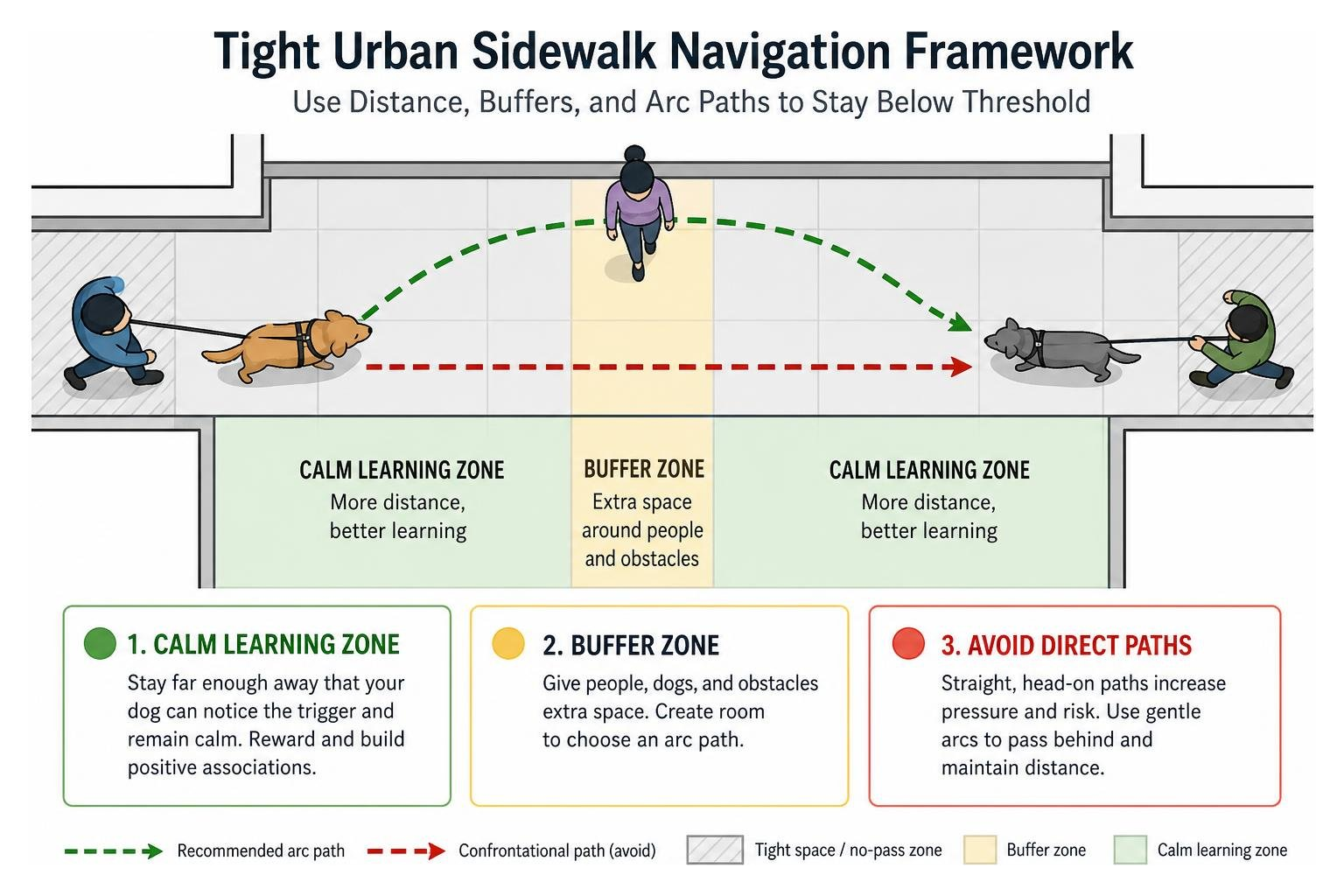 Tight urban sidewalk navigation framework showing spatial buffers and arc paths Tight urban sidewalk navigation framework showing spatial buffers and arc paths
