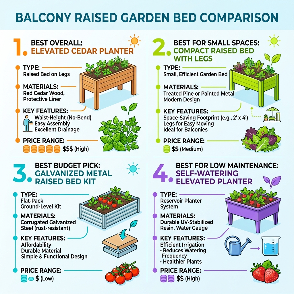 Infographic showing top balcony raised garden bed types, materials, key features, and price ranges - balcony raised garden