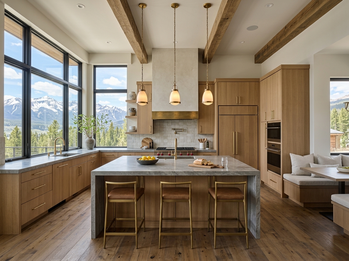 High-end modern mountain kitchen in a million-dollar Denver home, stone countertops, natural wood cabinetry, brass hardware High-end modern mountain kitchen in a million-dollar Denver home, stone countertops, natural wood cabinetry, brass hardware