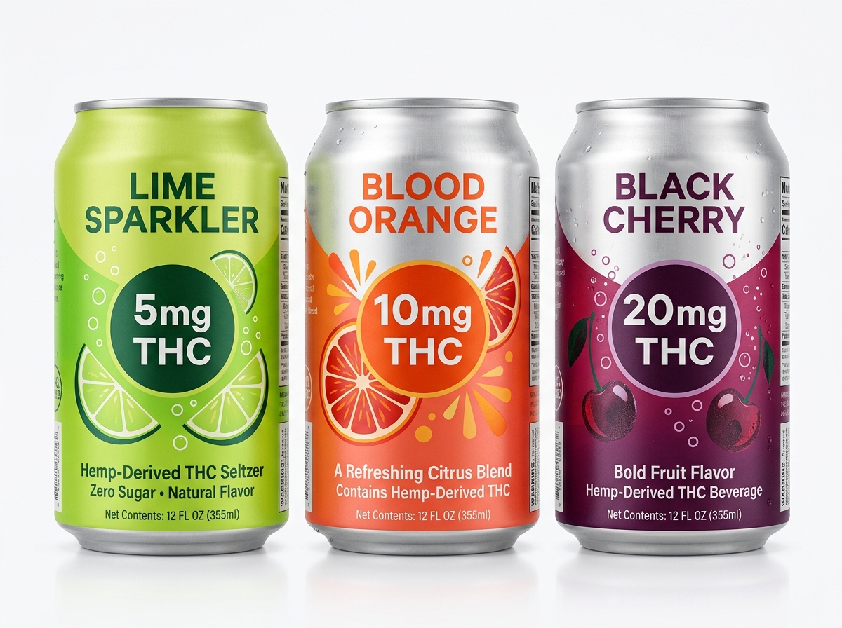 Side-by-side comparison of 5mg, 10mg, and 20mg THC beverage cans - delta thc drinks reviews