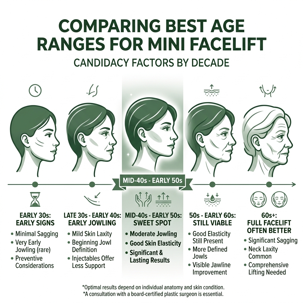 Infographic comparing best age ranges for mini facelift with key candidacy factors by decade - best age for mini facelift