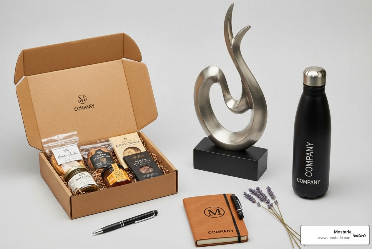 flat-lay featuring several unique Mostarle gift items like a handcrafted hardware art piece, a gourmet treat, and an eco-friendly product - Unique corporate gift