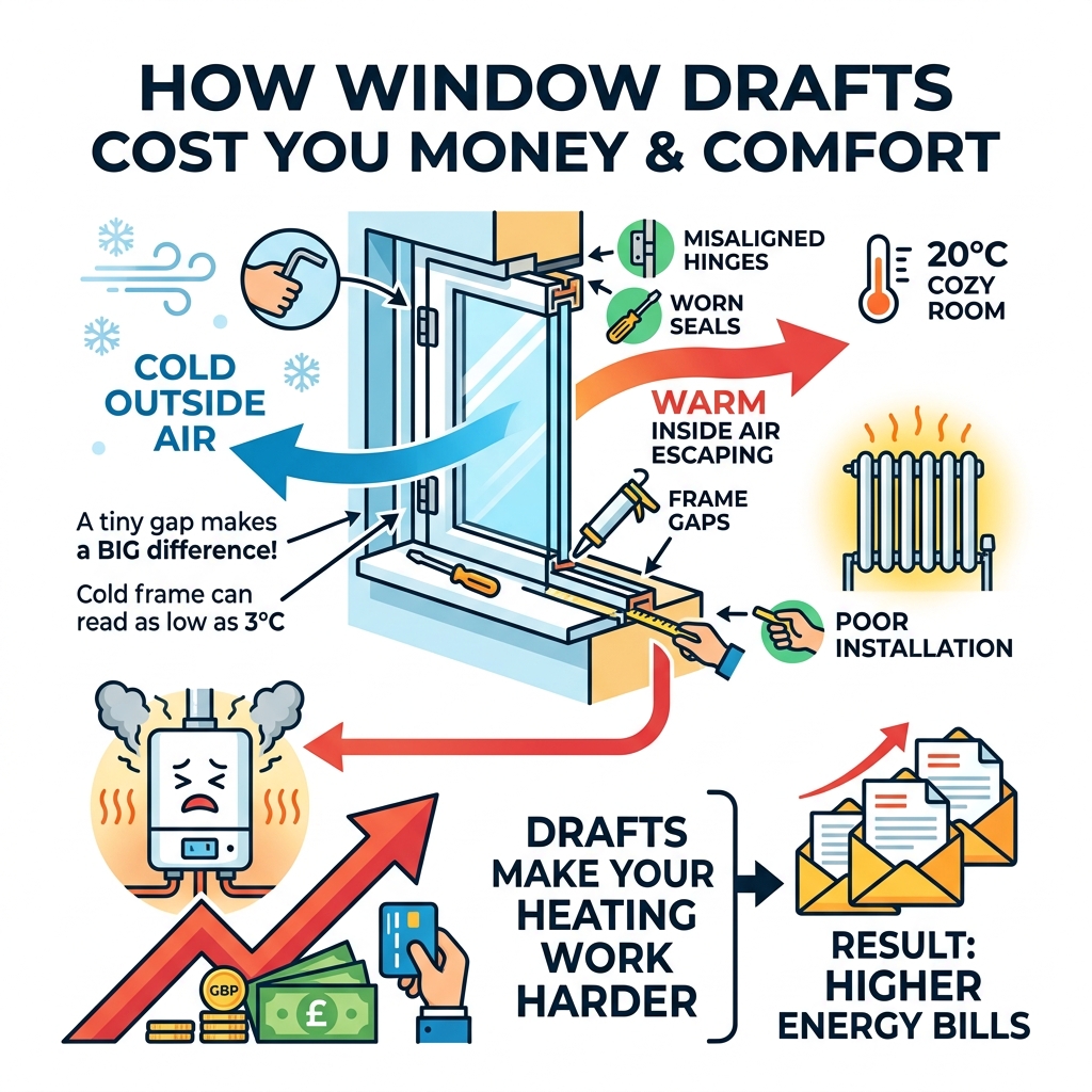 Infographic showing how window drafts cause heat loss and raise heating bills - drafty upvc windows infographic 