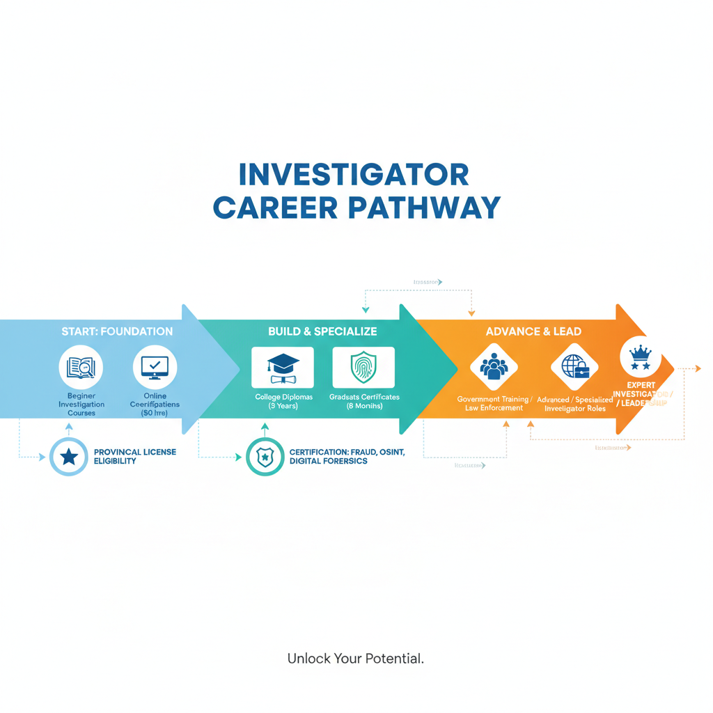 infographic showing the career path from beginner investigation courses through certification to advanced investigator roles with key milestones - investigation courses infographic 