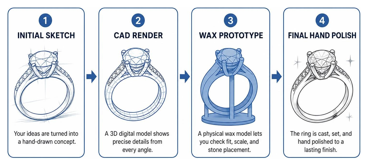 Workflow steps from initial sketch to CAD render, wax prototype, and final hand polish Workflow steps from initial sketch to CAD render, wax prototype, and final hand polish