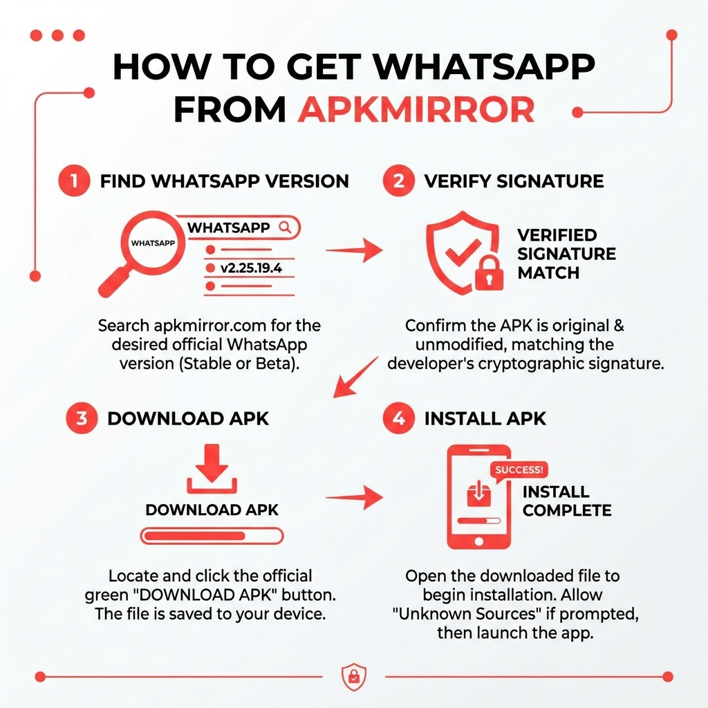 Infographic showing APKMirror WhatsApp download process: find version, verify signature, download APK, install - apkmirror
