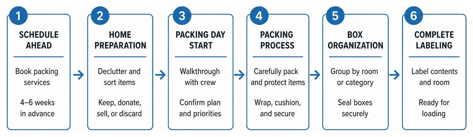Workflow diagram of packing day from preparation to complete box labeling