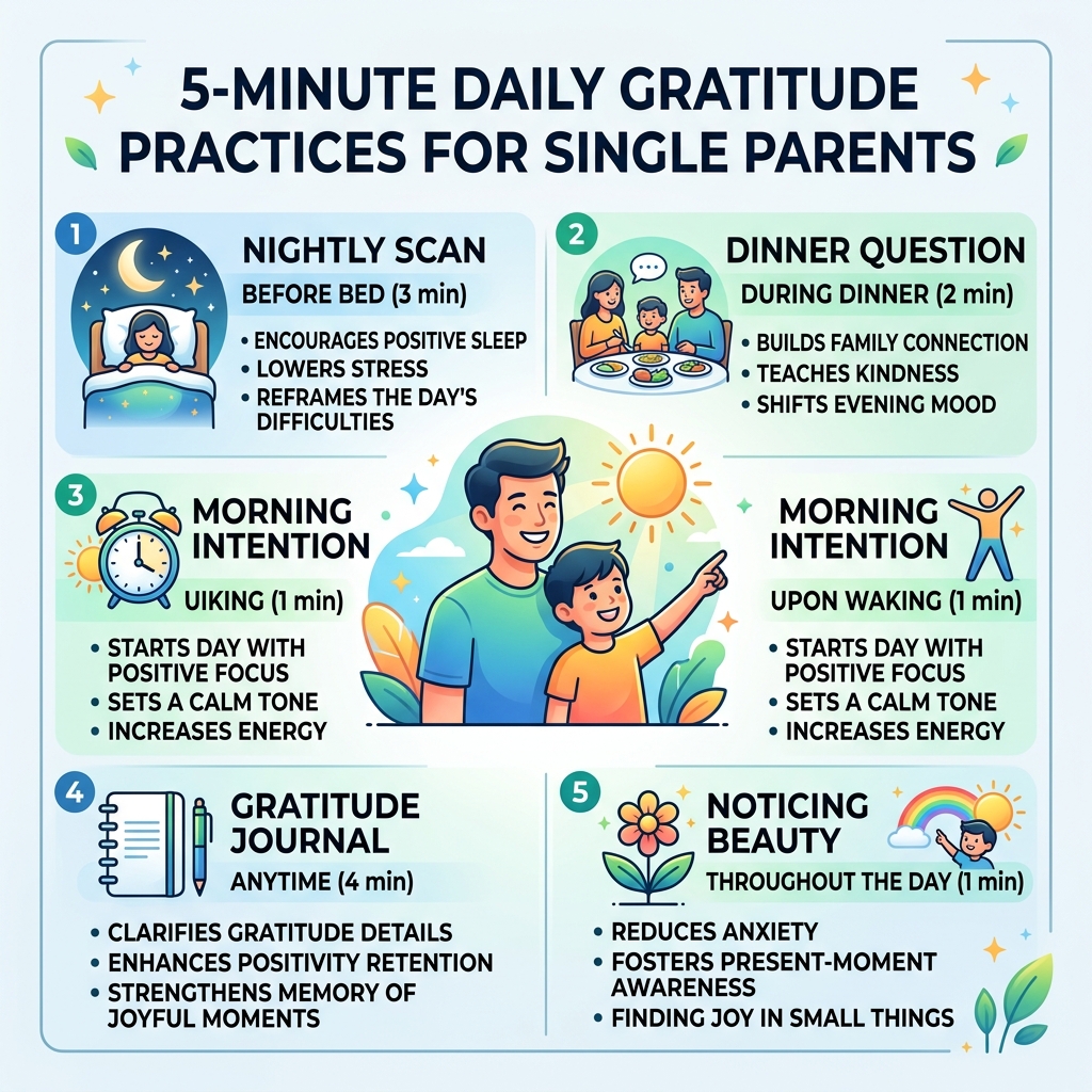 Infographic showing 5-minute daily gratitude practices for single parents with benefits and timing - single parent gratitude