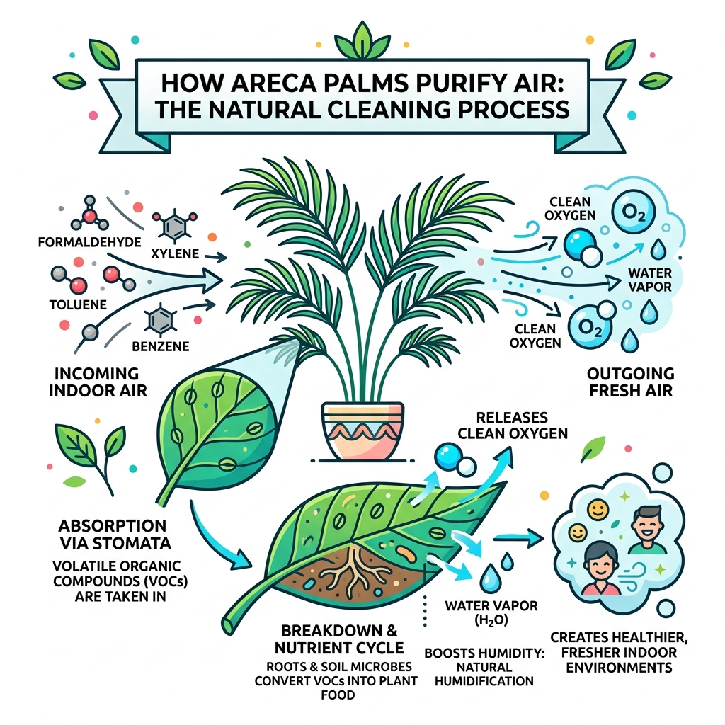 Infographic showing how areca palms remove VOCs through stomata absorption and release oxygen and water vapor - areca palm Infographic showing how areca palms remove VOCs through stomata absorption and release oxygen and water vapor - areca palm