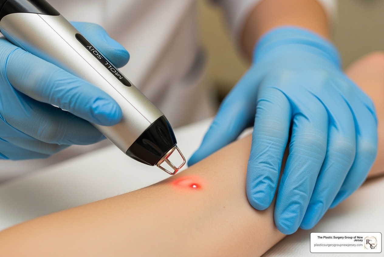 A cosmetic laser being used on skin, with a dermatologist's hand holding the laser device over a small mole on a patient's arm, emitting a focused beam of light. - cost of mole removal by dermatologist