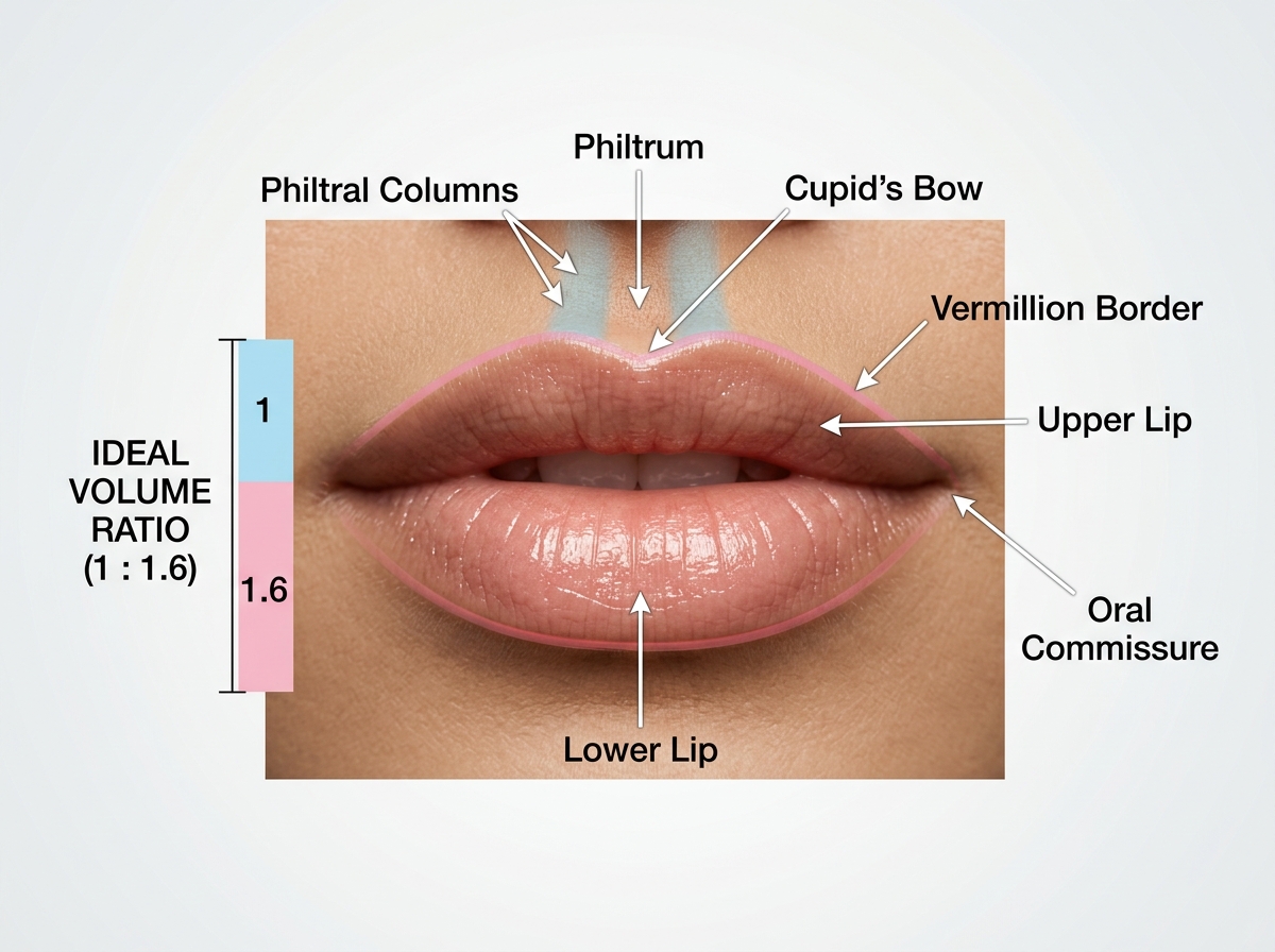 Ideal lip anatomy and proportions 1 to 1.6 ratio cupid's bow and vermillion border - Lip filler for volume