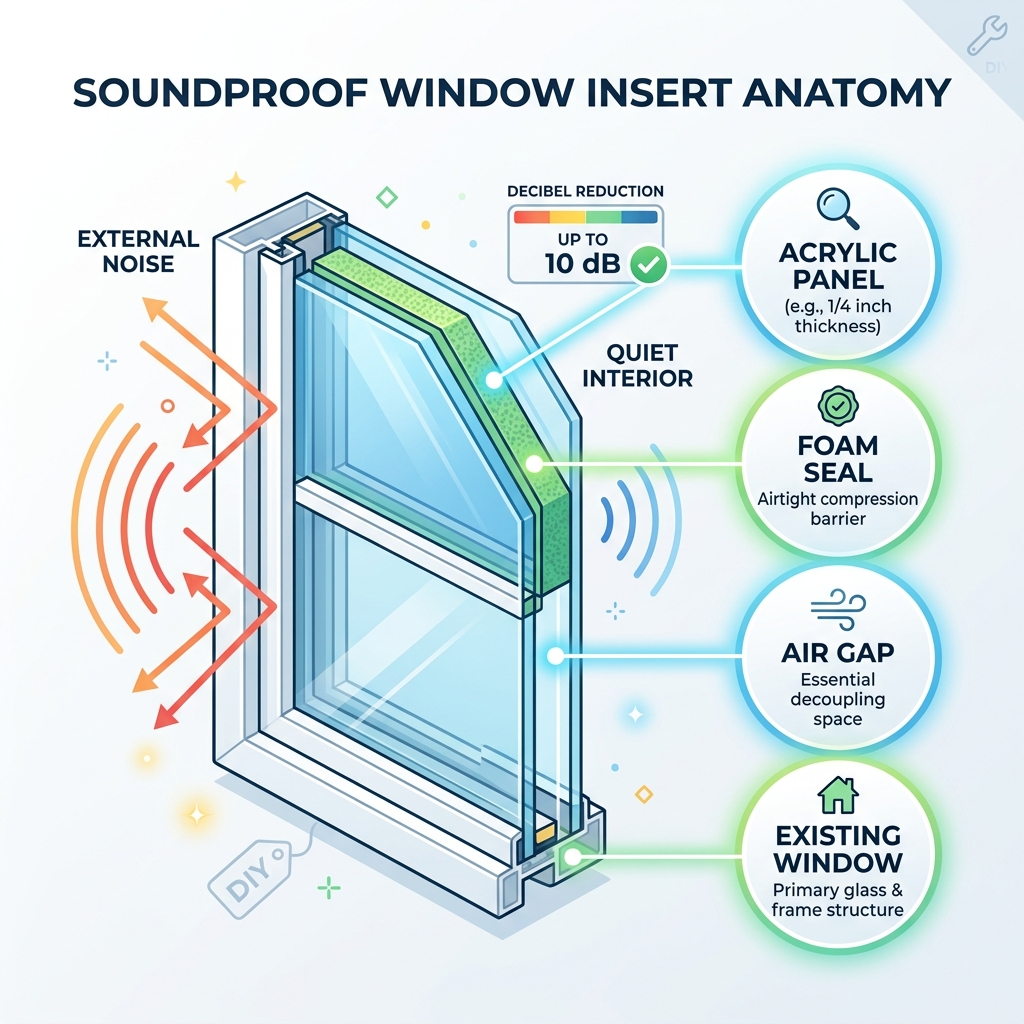 Anatomy of a soundproof window insert showing layers: acrylic panel, foam seal, air gap, and window - soundproof window