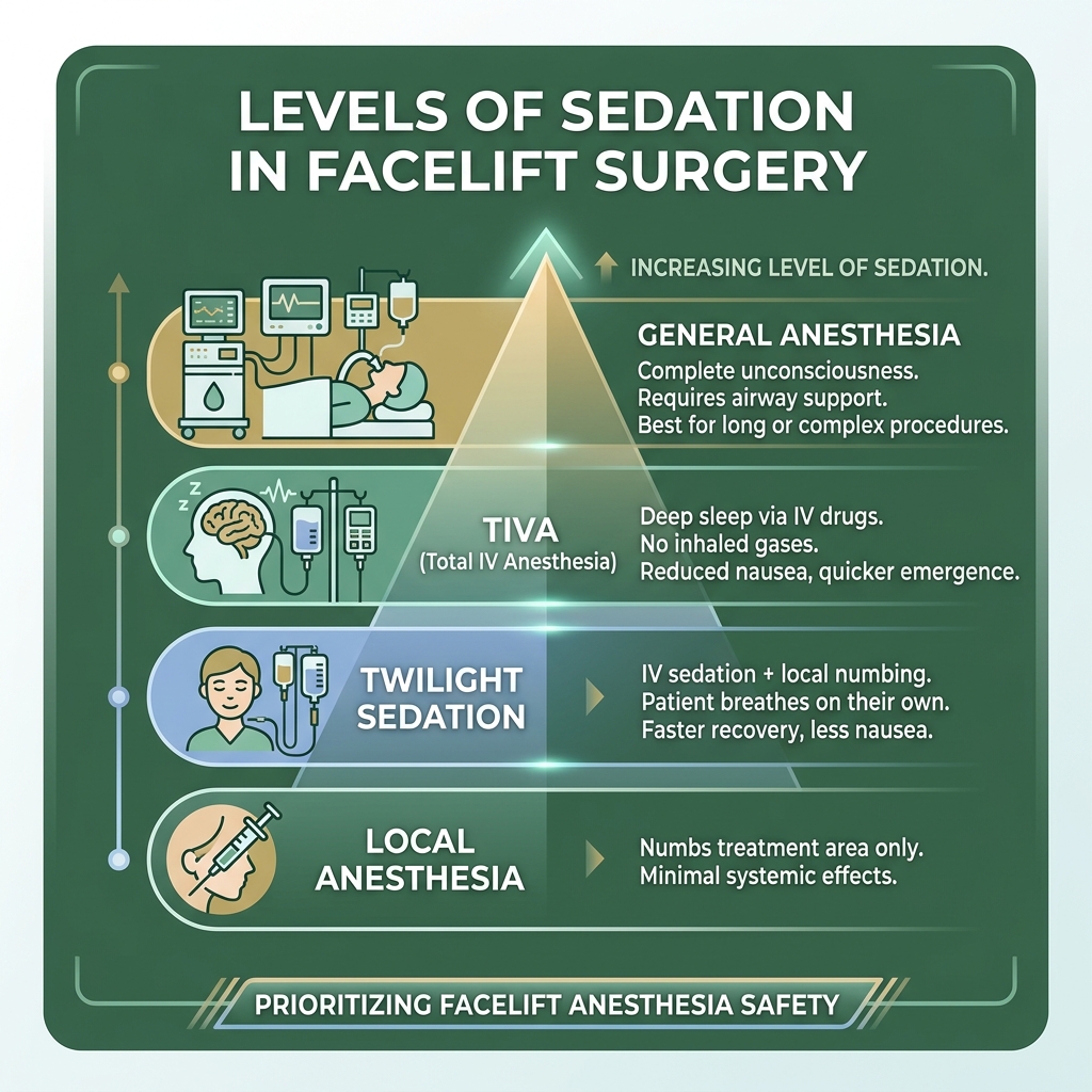 Levels of sedation from local anesthesia to general anesthesia in facelift surgery - facelift anesthesia safety infographic 