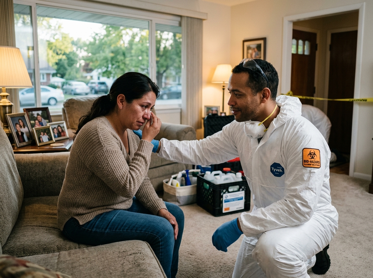 Compassionate team member interacting with a client - Who are the most reliable crime scene cleanup company options serving Compassionate team member interacting with a client - Who are the most reliable crime scene cleanup company options serving