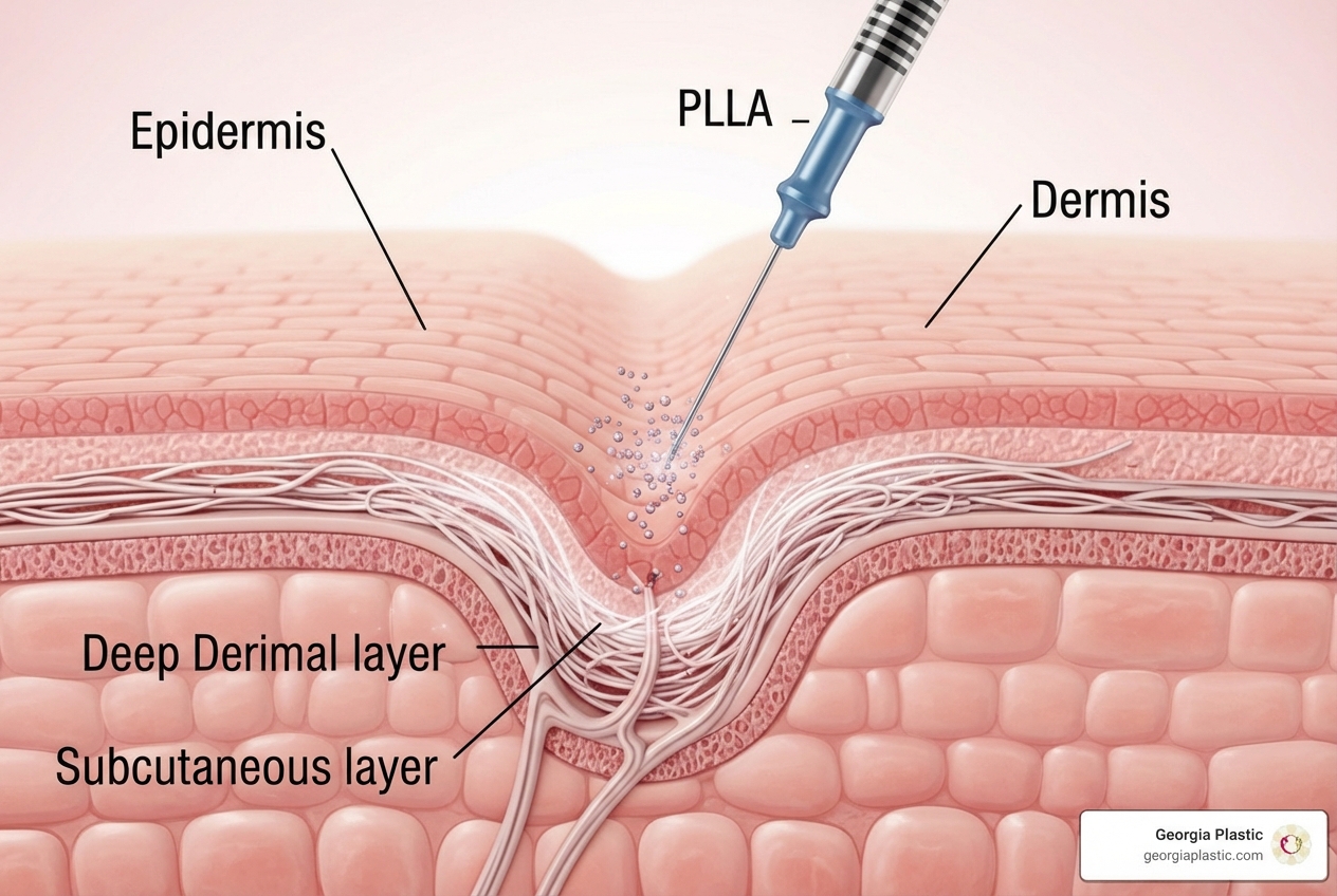 Diagram illustrating the dermal layers and where PLLA is injected to stimulate collagen production - butt collagen injections