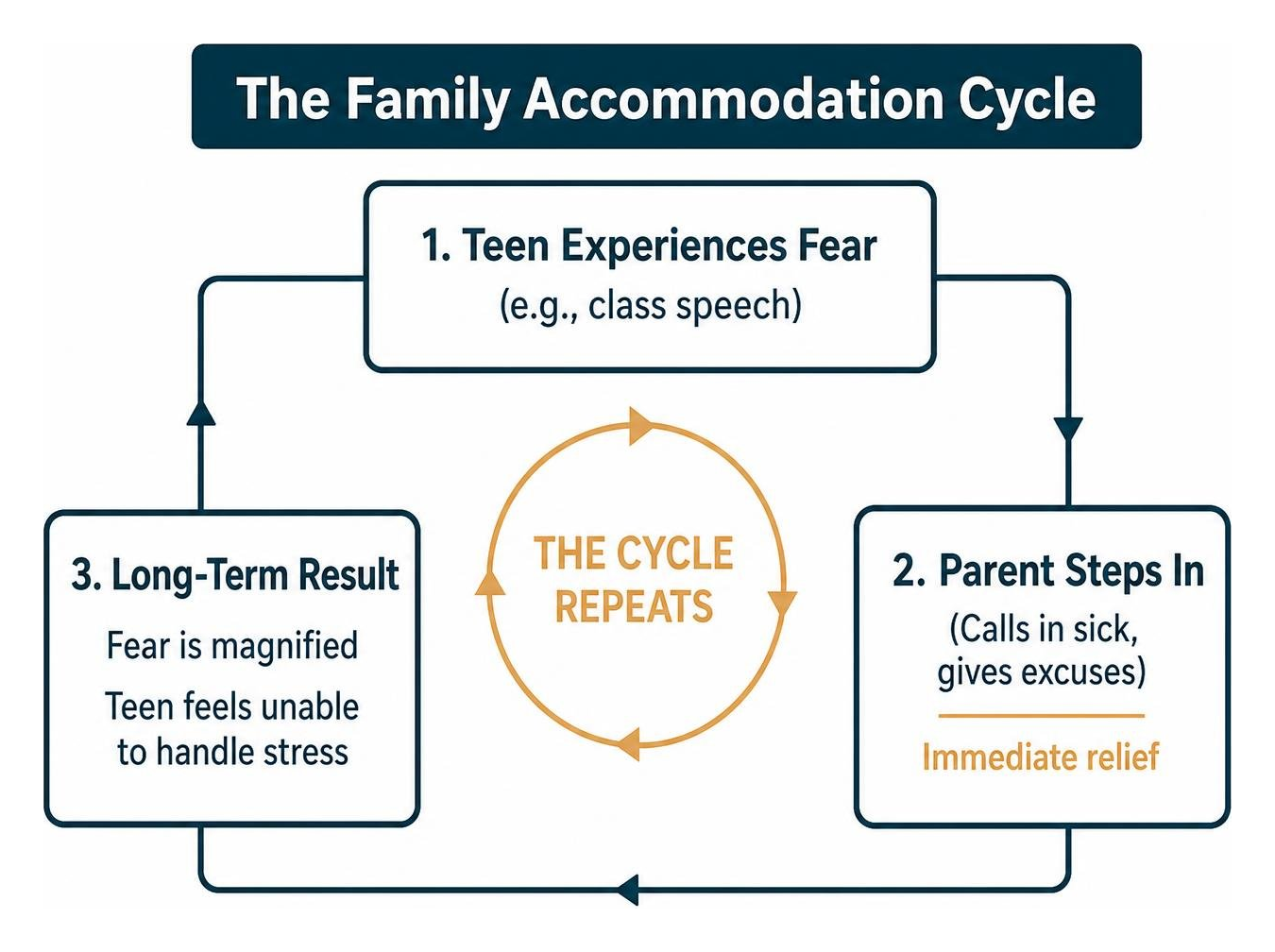 Family accommodation cycle diagram in #013B4C deep teal and #D7A461 amber Family accommodation cycle diagram in #013B4C deep teal and #D7A461 amber