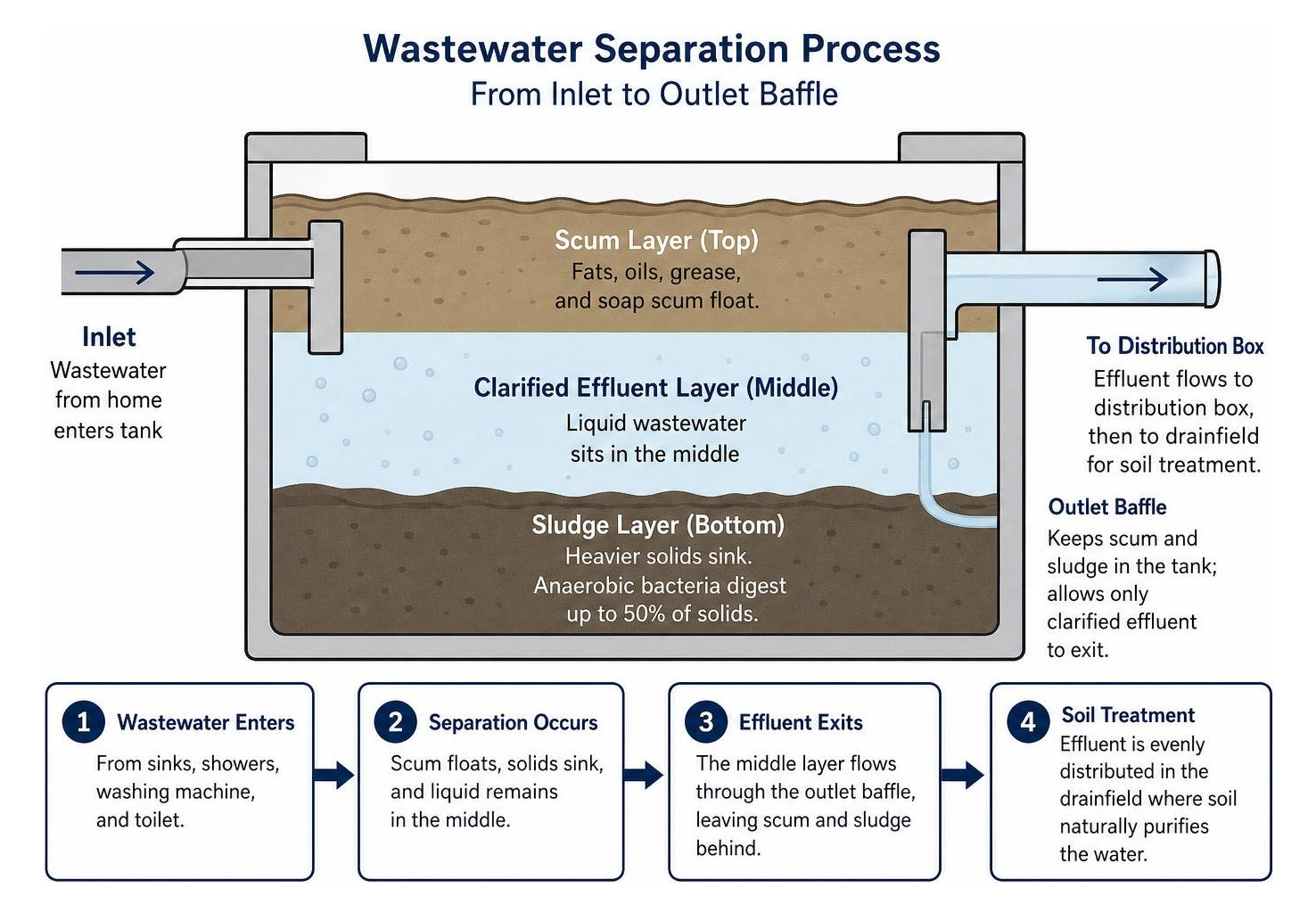 wastewater separation process from inlet to outlet baffle