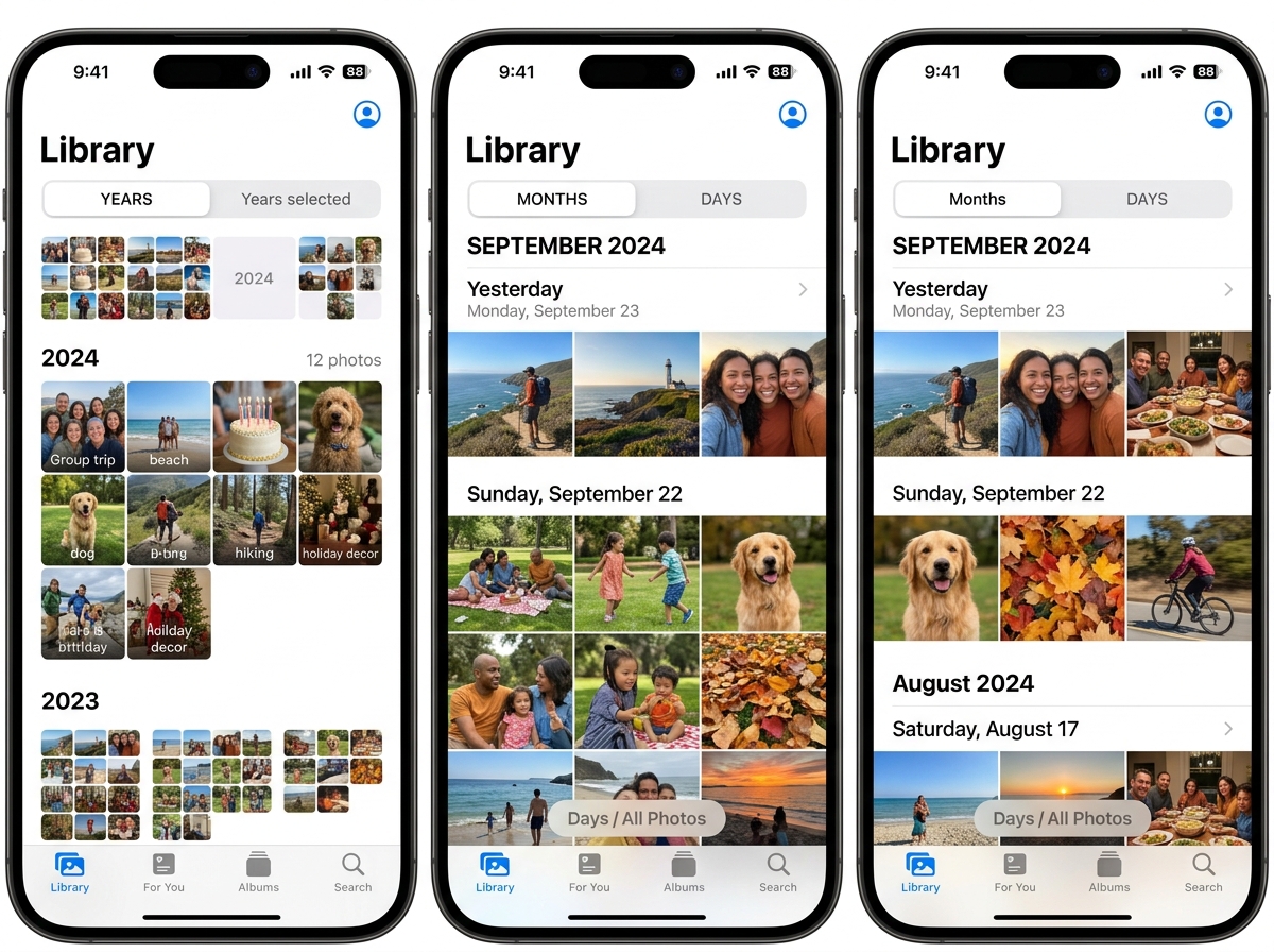 The Photos app Library tab showing chronological grouping - sort iphone photos by date taken