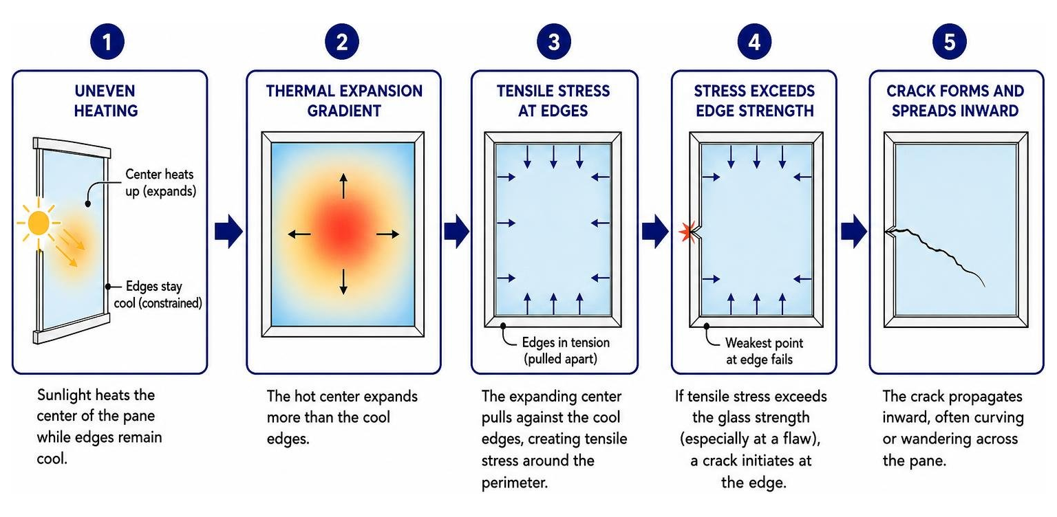 Cause and effect chain showing how thermal expansion gradients lead to tensile edge stress and window cracks