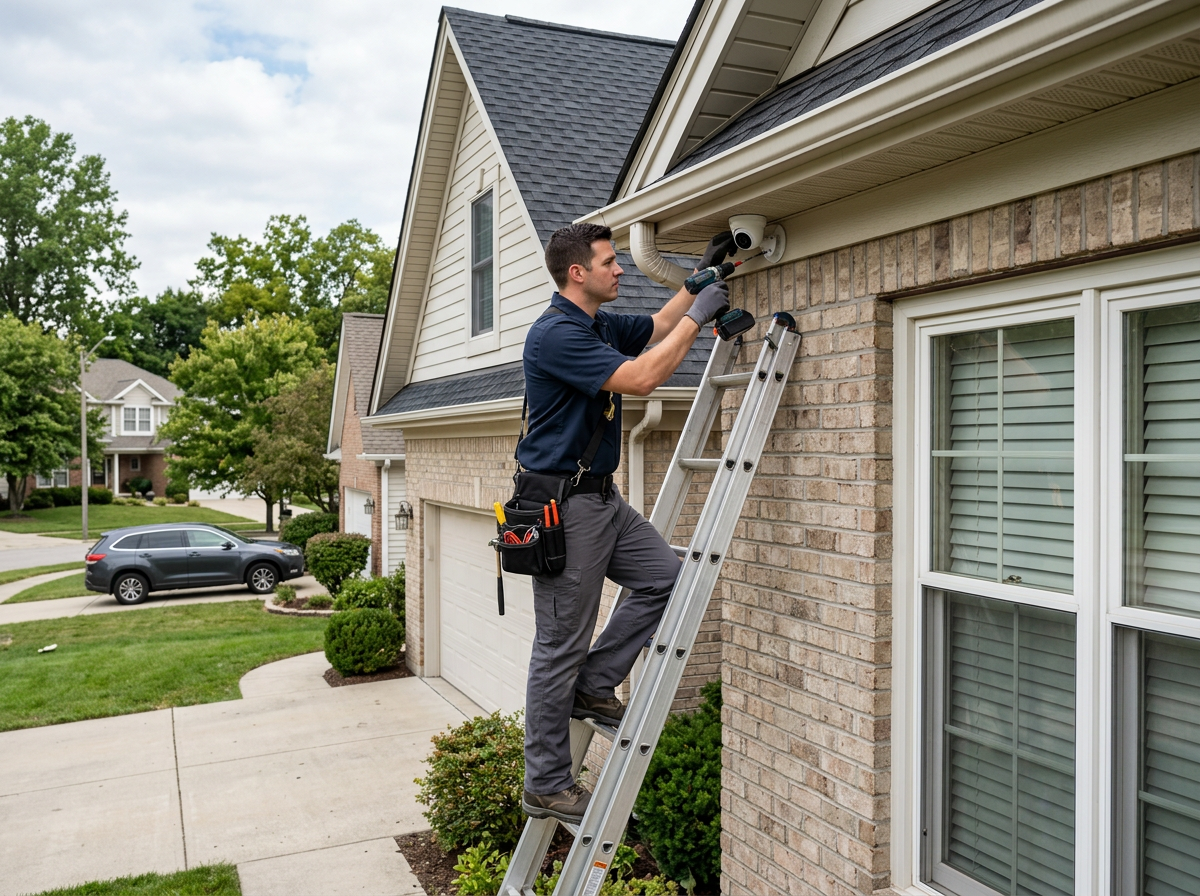 technician installing a security camera