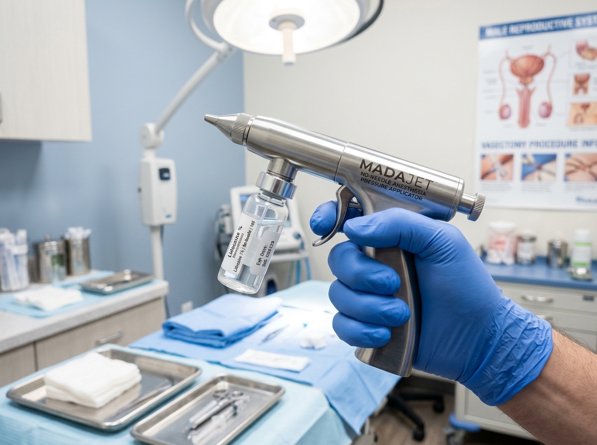 Specialized medical spray applicator for no-needle anesthesia - what is a no needle no scalpel vasectomy
