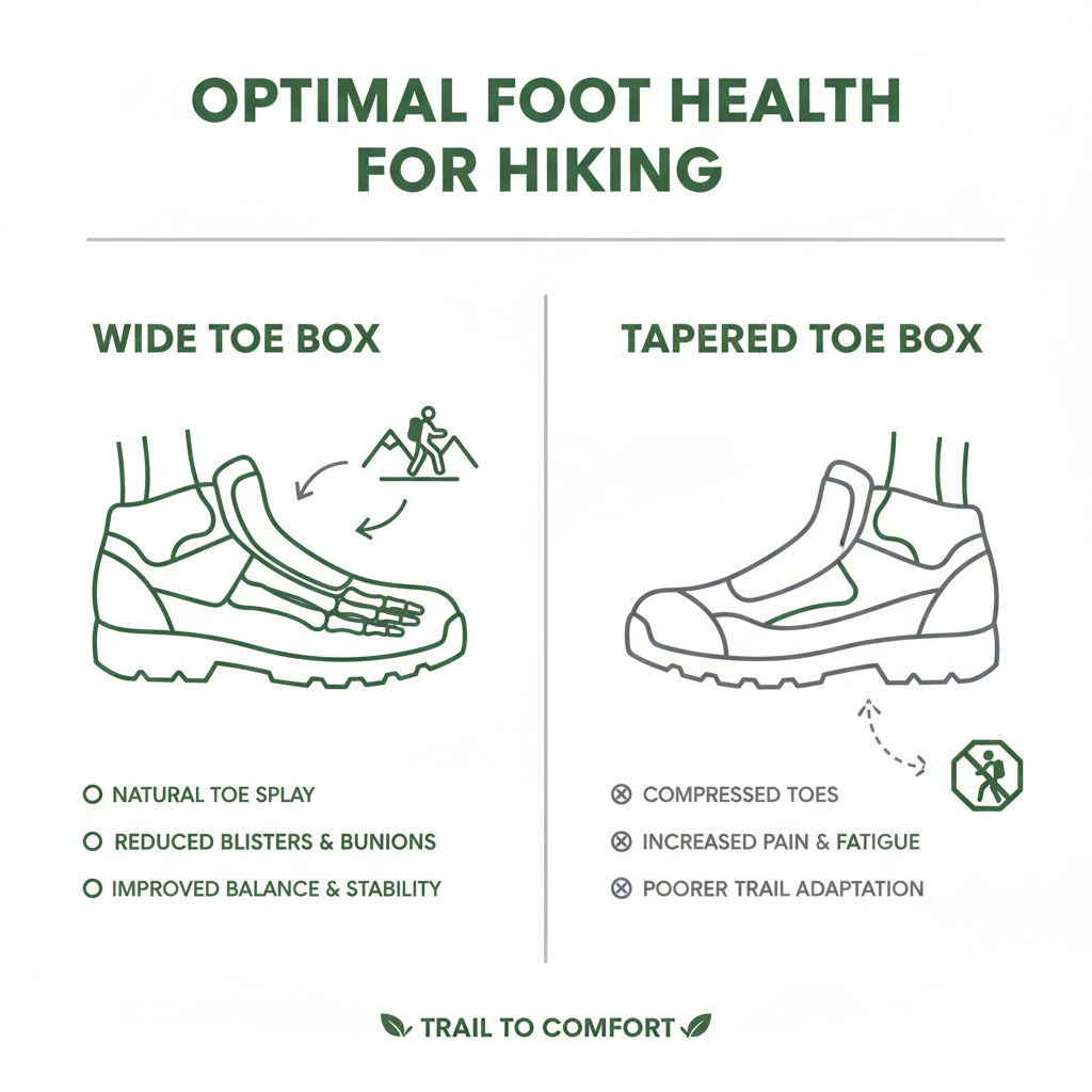 infographic showing wide toe box vs tapered toe box benefits for hiking foot health and trail performance - best wide toe infographic showing wide toe box vs tapered toe box benefits for hiking foot health and trail performance - best wide toe
