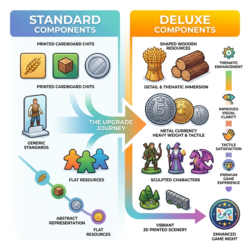 infographic showing transition from cardboard components to deluxe wood metal and 3D printed board game pieces - board game infographic showing transition from cardboard components to deluxe wood metal and 3D printed board game pieces - board game