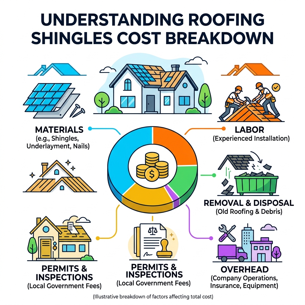 Infographic showing breakdown of roofing shingles cost: materials, labor, removal, permits, and overhead - roofing shingles