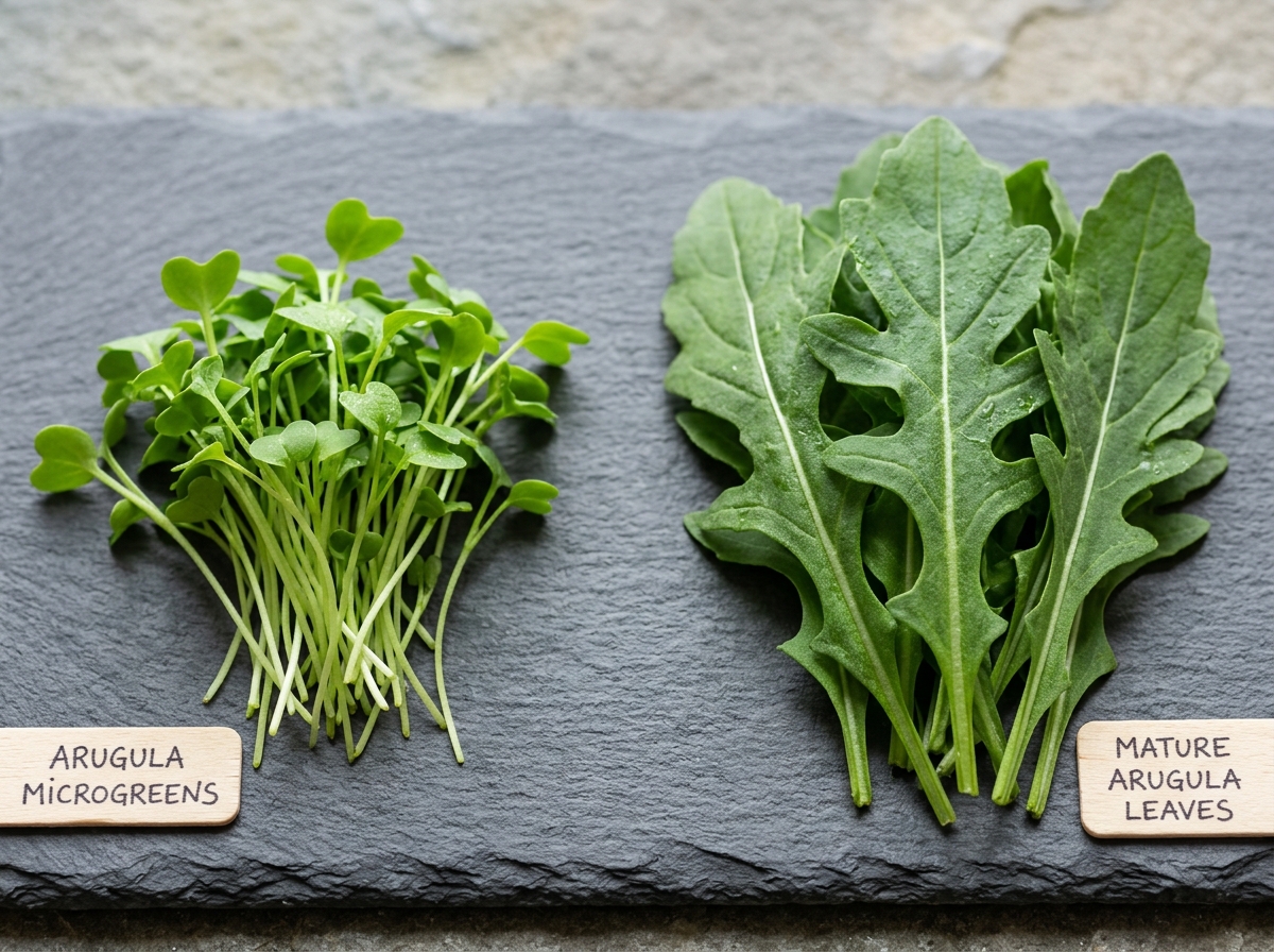 comparing microgreens to mature arugula leaves showing size and color differences - benefits of arugula microgreens