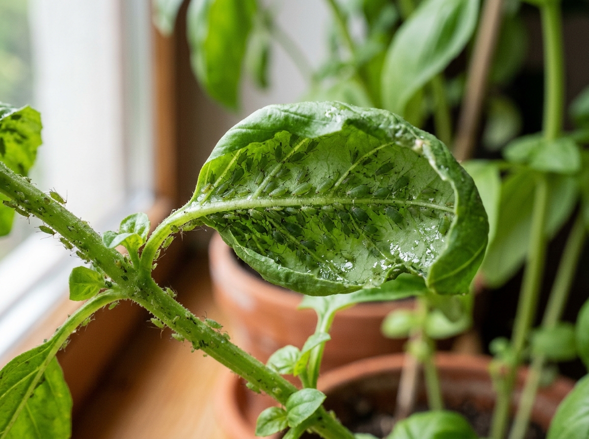 Clusters of aphids on a basil stem - basil bugs kitchen windowsill