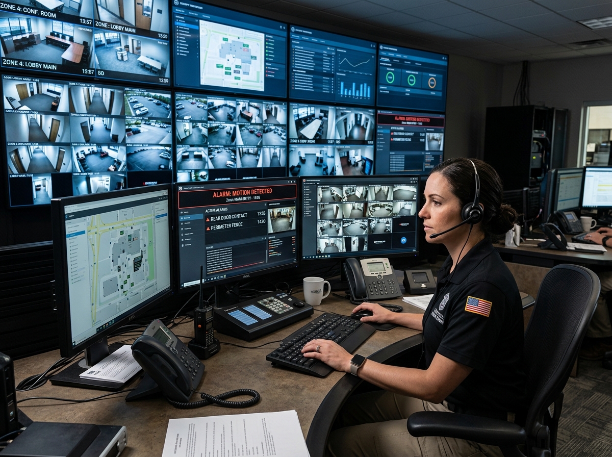 security professional at a high-tech workstation monitoring incoming signals - alarm monitoring station