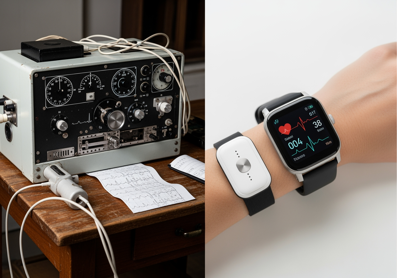 An old, bulky medical device contrasted with a modern, sleek wearable version - medical technology