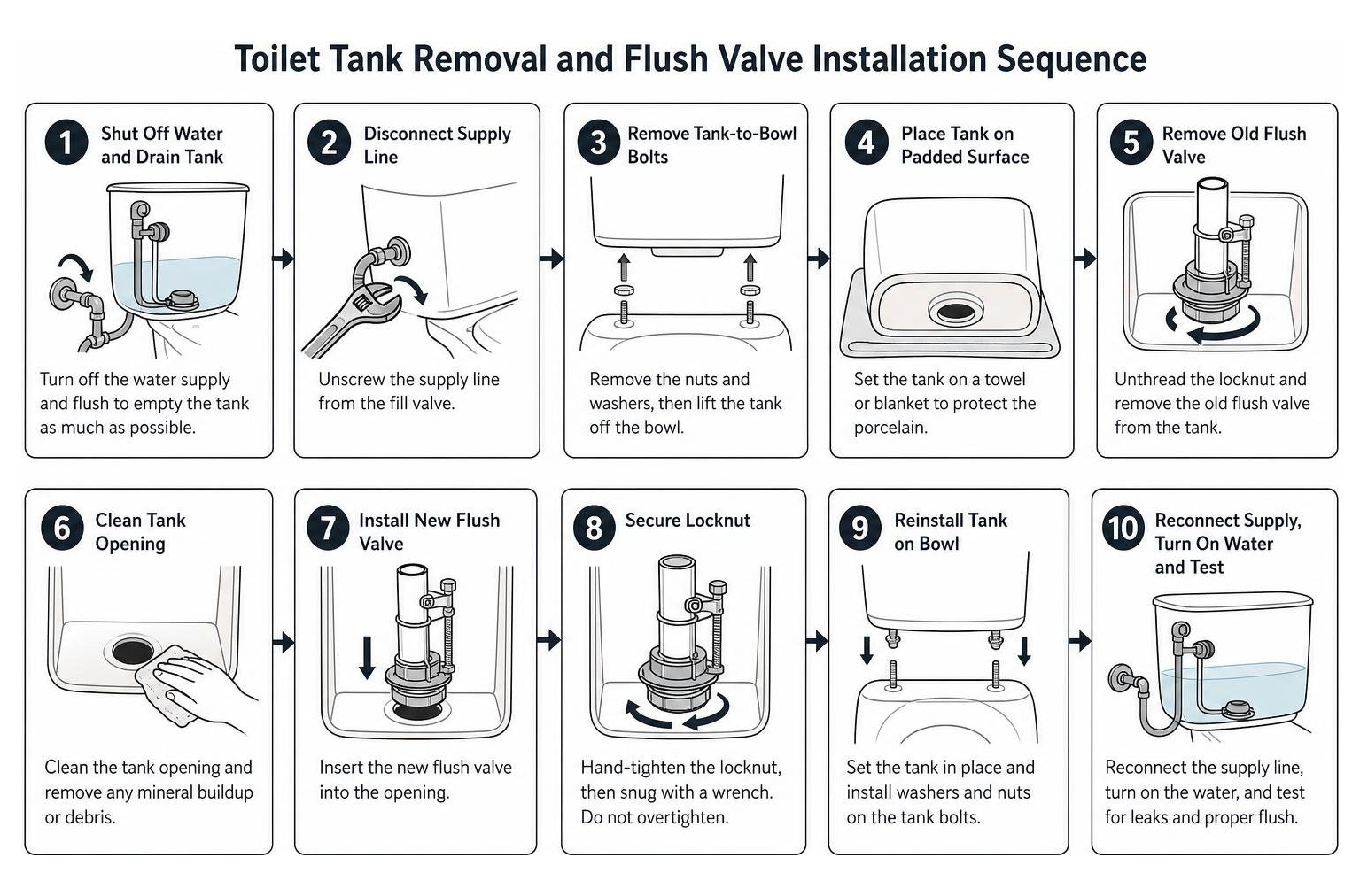 Toilet tank removal and flush valve installation sequence