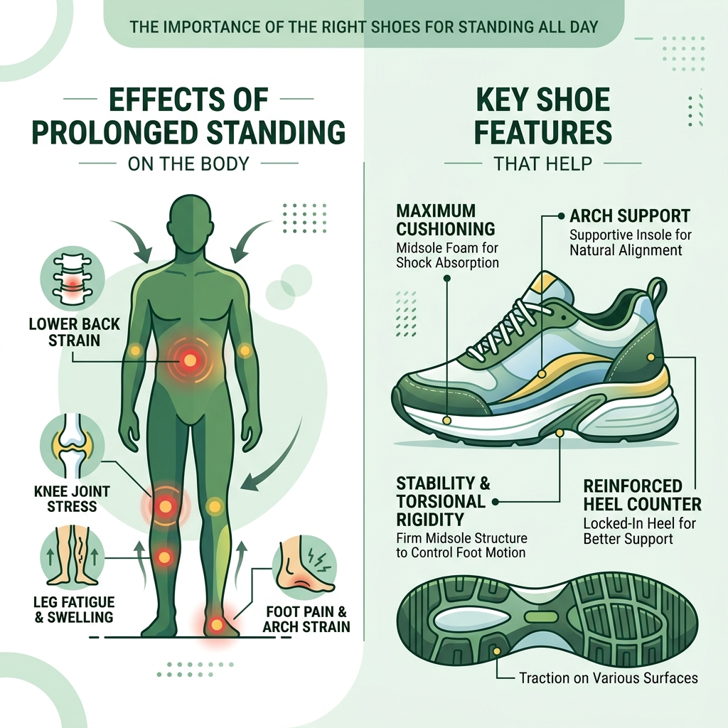 infographic showing effects of prolonged standing on the body and key shoe features that help - best shoes for standing in