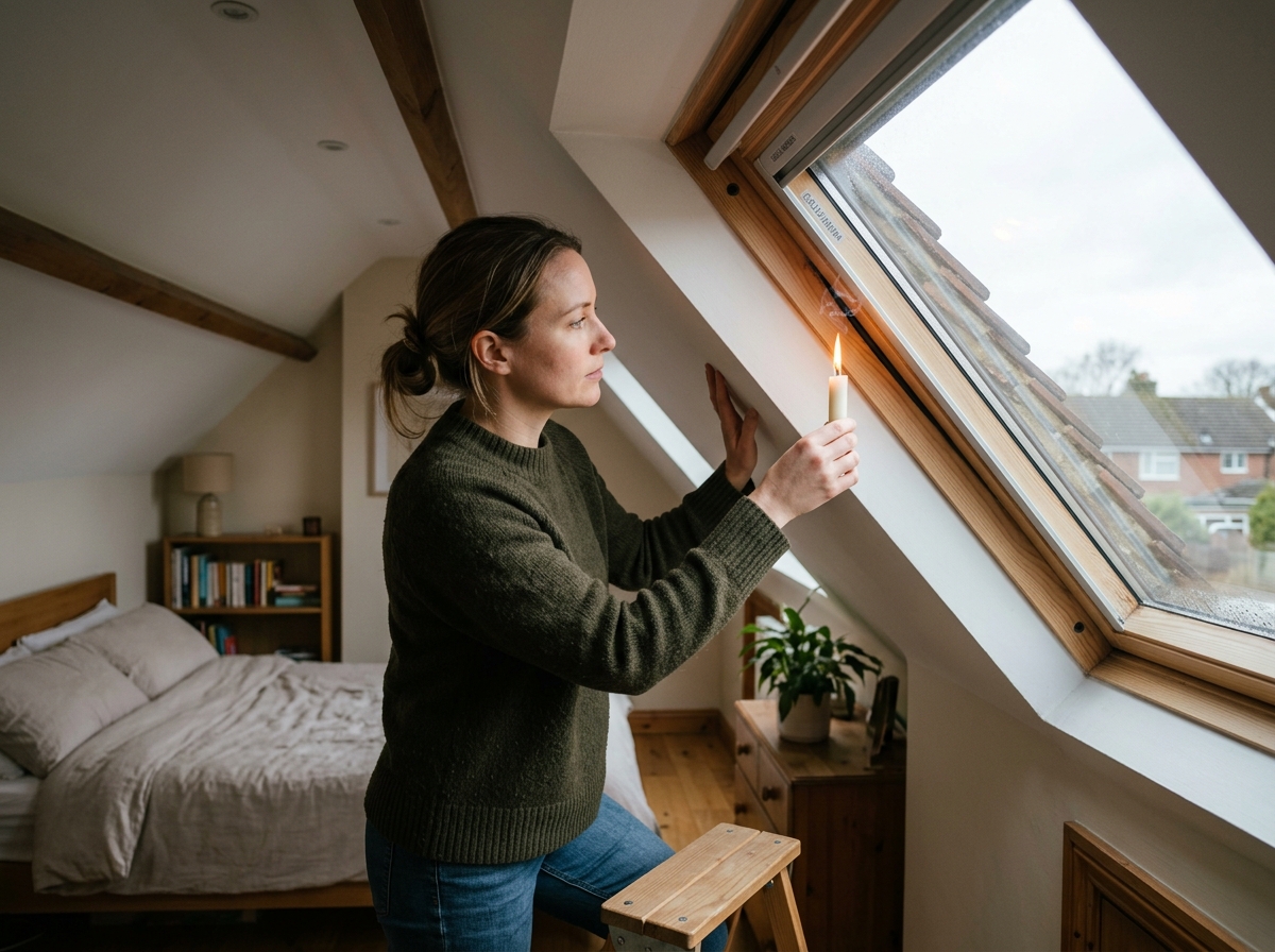 A person performing the candle test around a Velux window frame to detect air movement - draught excluder for velux windows A person performing the candle test around a Velux window frame to detect air movement - draught excluder for velux windows