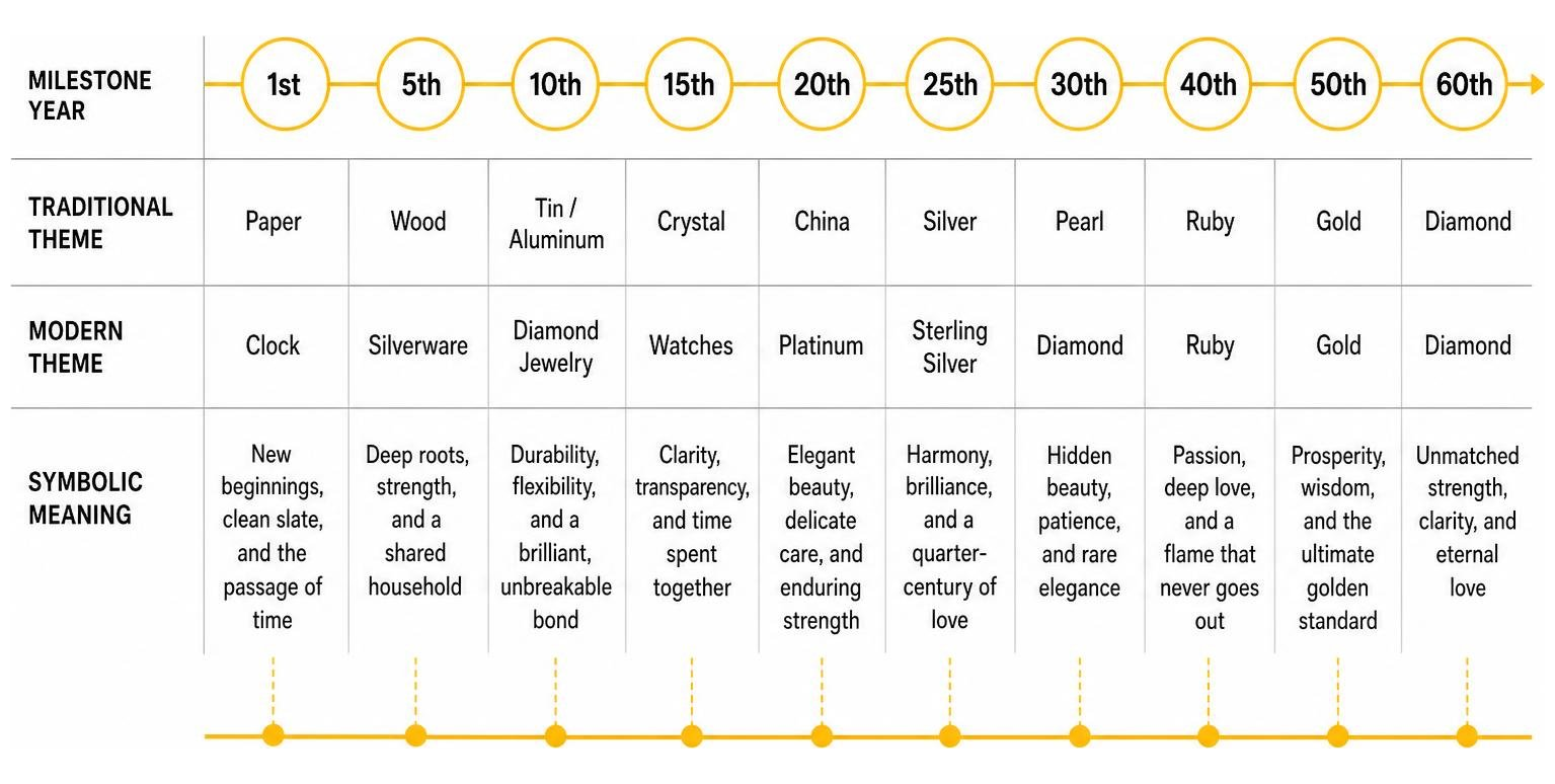 Timeline comparison of milestone anniversaries from 1st to 60th year