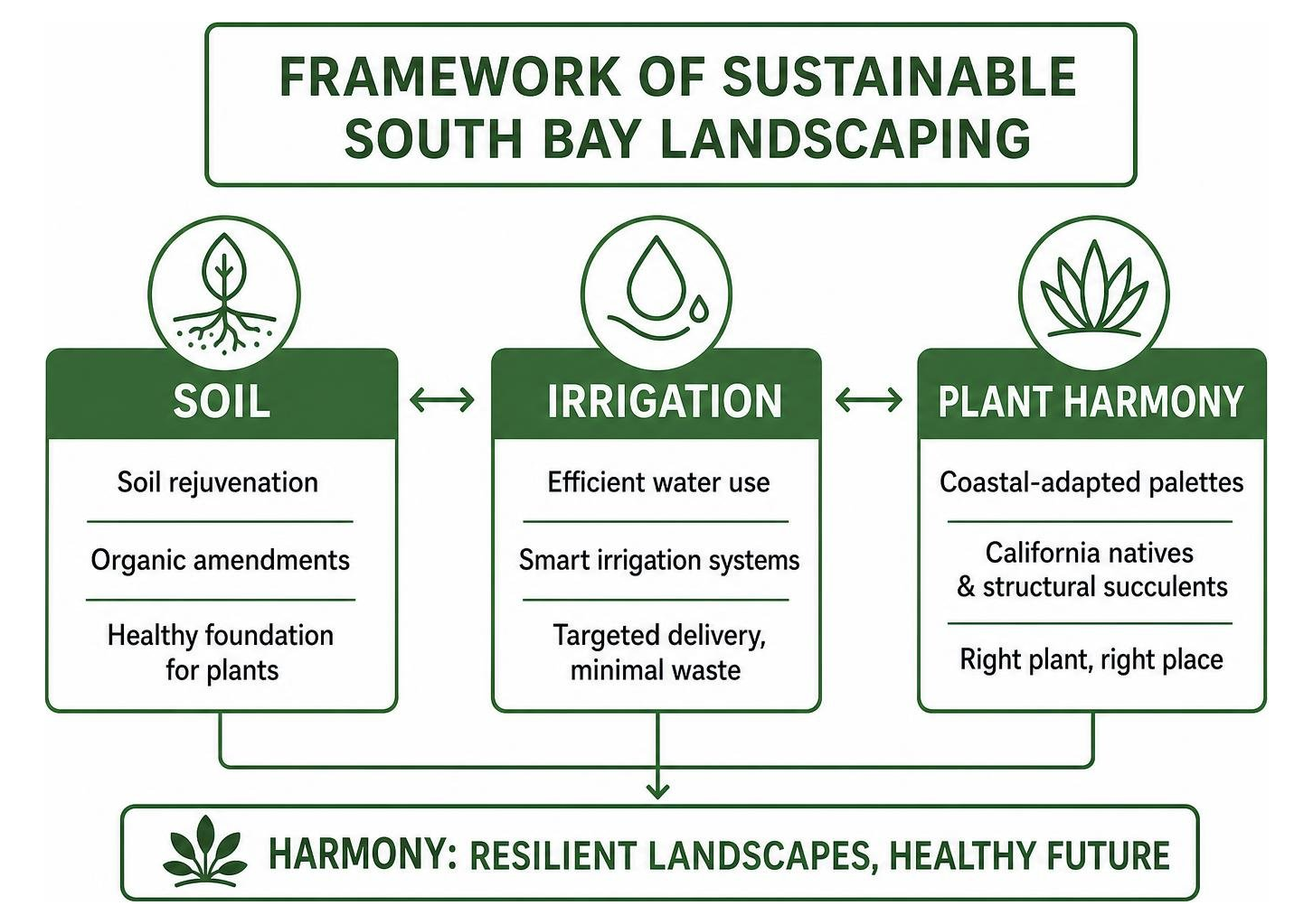 Framework of sustainable South Bay landscaping: soil, irrigation, and plant harmony