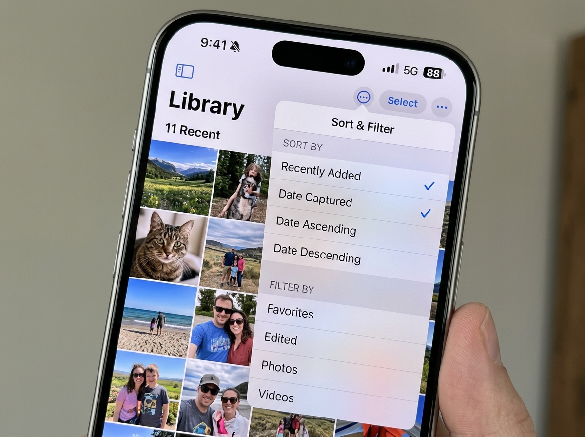 The iOS Photos sort and filter menu showing options for recently added and date captured - how to sort photos on iphone