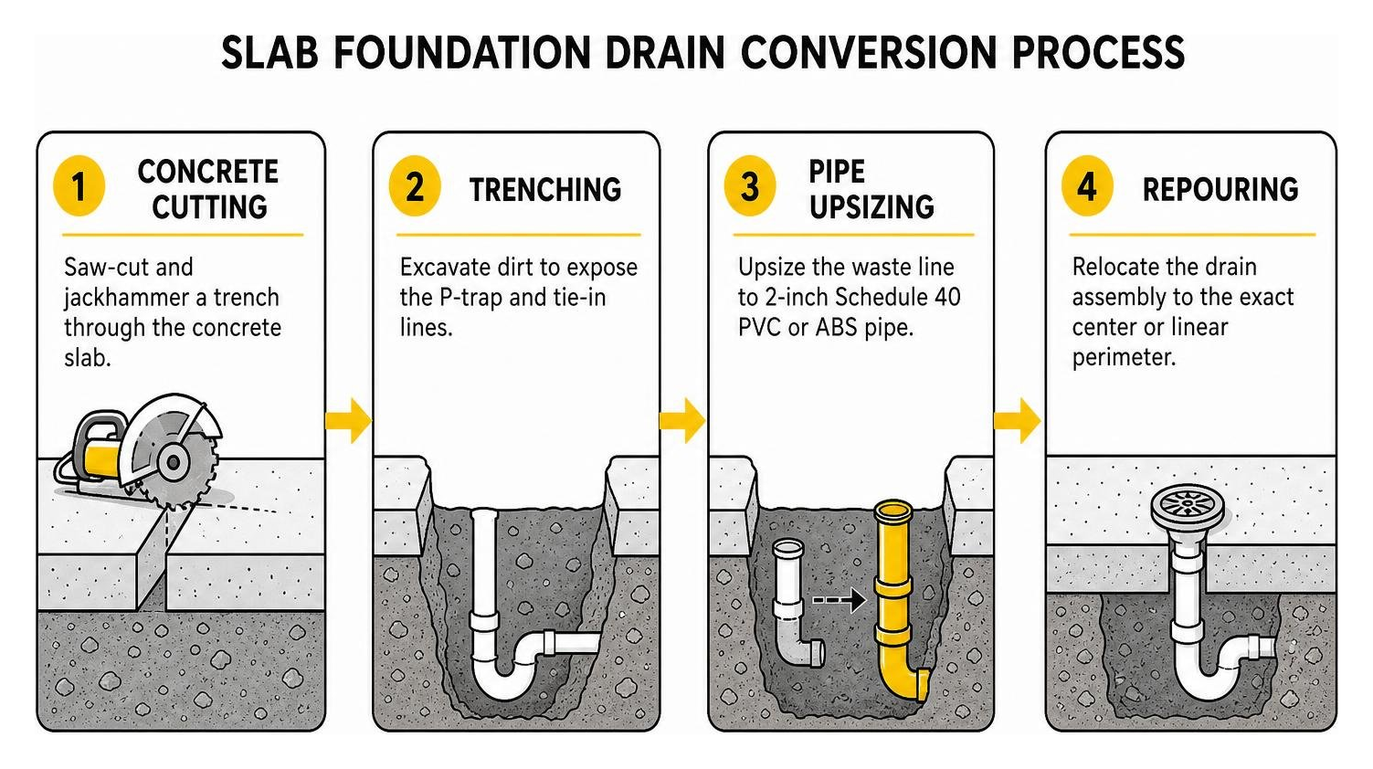Slab foundation drain conversion process: concrete cutting, trenching, pipe upsizing, repouring Slab foundation drain conversion process: concrete cutting, trenching, pipe upsizing, repouring
